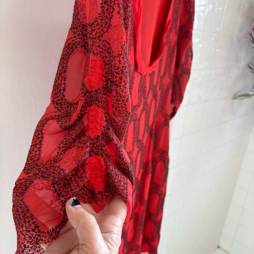Silk Midi Dress Size Small Red Black Romantic Geometric Puff Sleeve Artsy Dainty - Picture 5 of 11